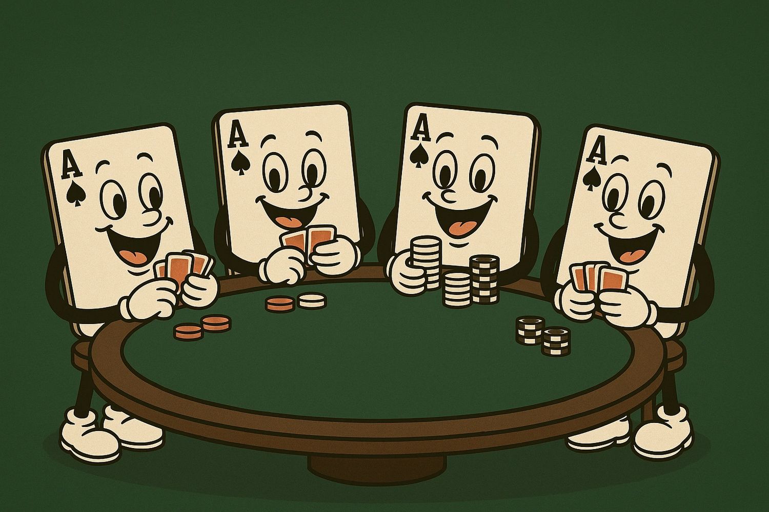 Four animated ace of spades cards playing poker around a table.