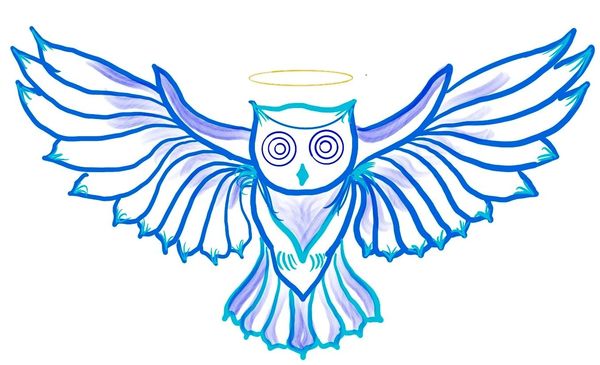 Stylized blue and purple owl with outstretched wings and a halo.