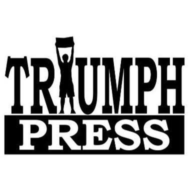 Logo with figure holding a banner between the words TRIUMPH and PRESS.