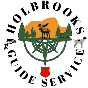 Emblem featuring a moose, pine trees, fishing lure, dog, and Maine Guide badge.