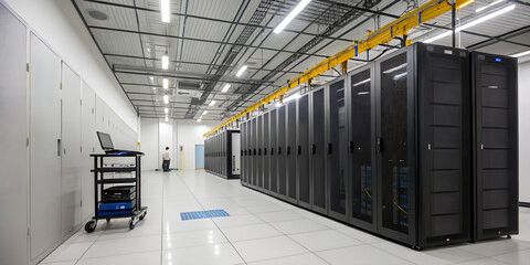 A modern server room with multiple server racks and a technician in the background.