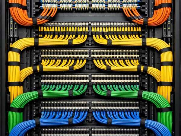 Neatly organized colorful network cables in a server rack.