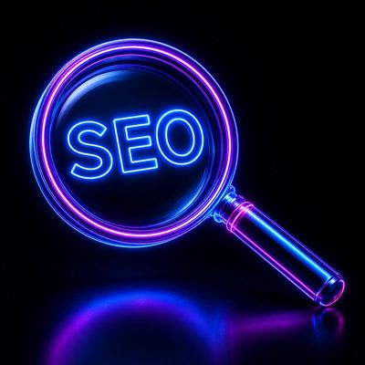 Glowing neon magnifying glass with SEO text on a dark futuristic background