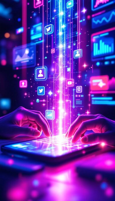 Hands typing on a glowing keyboard with digital social media icons floating upwards.