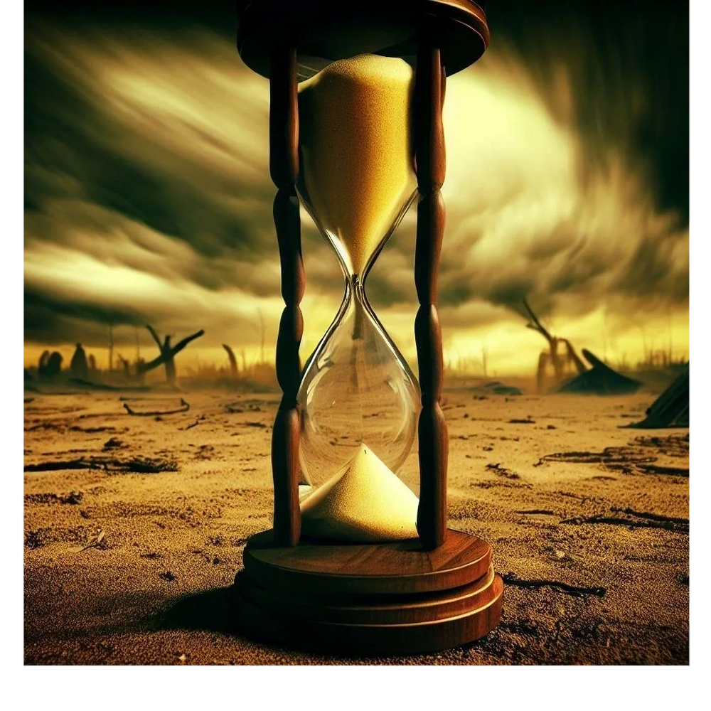 apocalyptic hourglass image, featuring an hourglass set against a backdrop of chaos, transformation.