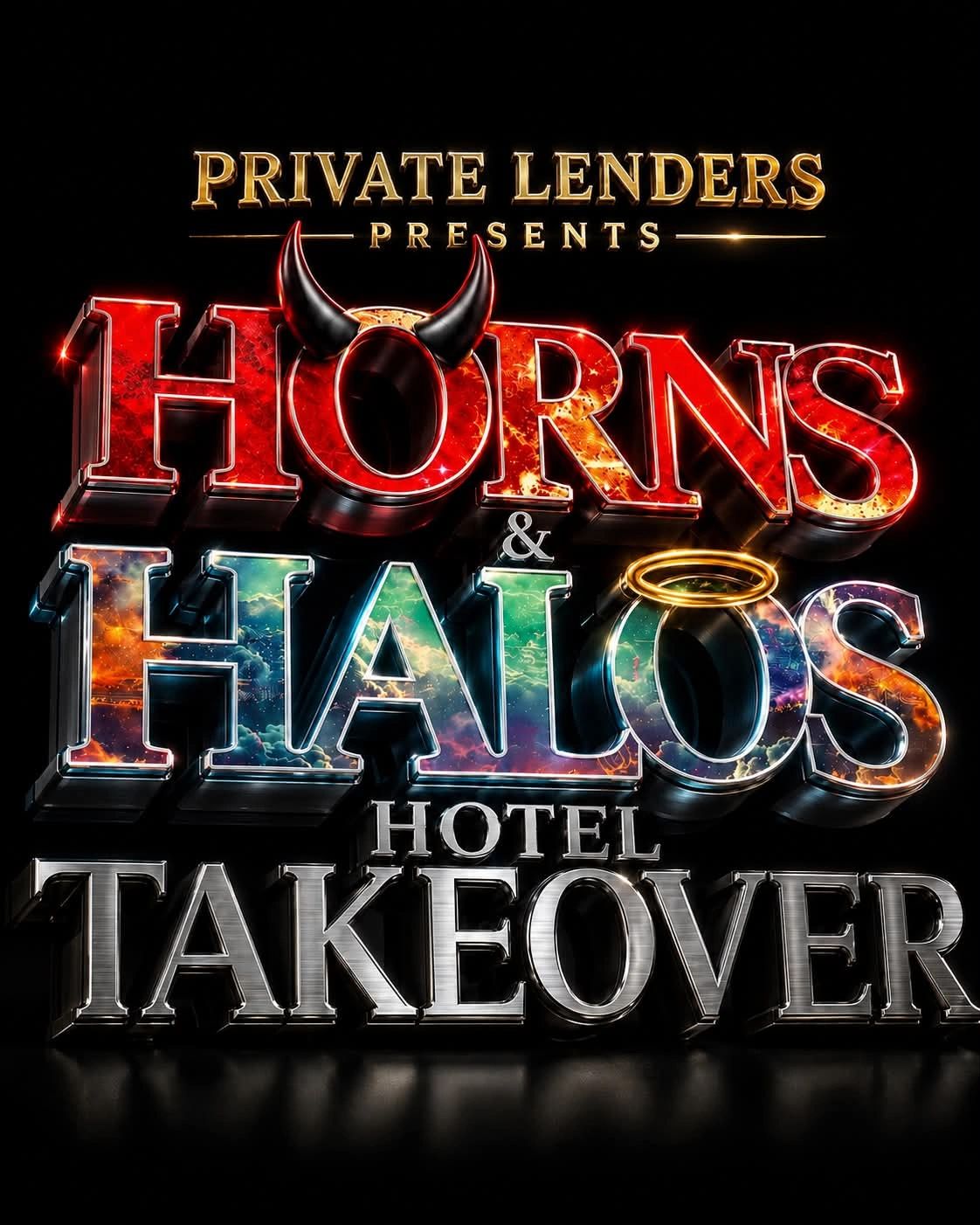 Colorful, bold text advertising "Horns & Halos Hotel Takeover."
