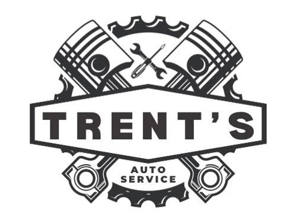 Black and white logo for Trent's Auto Service with pistons and tools.