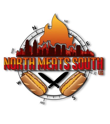 Logo featuring city skyline, flame, hot dogs, and crossed knives with "North Meats South" text.