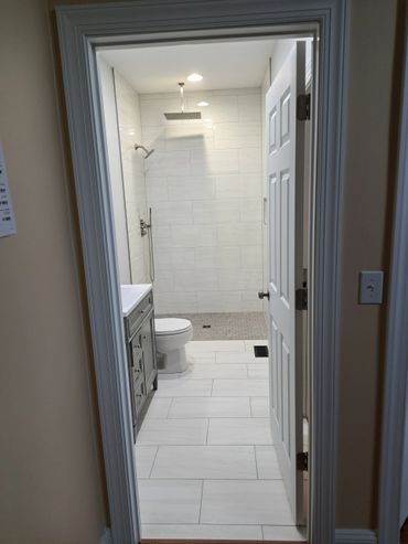 Modern bathroom with walk-in shower, toilet, and vanity.