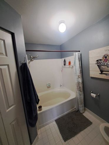 Cozy bathroom with bathtub, shower, and playful dog-themed wall art.