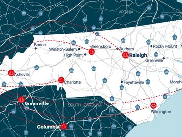 Map highlighting key cities and routes in North Carolina and surrounding states.