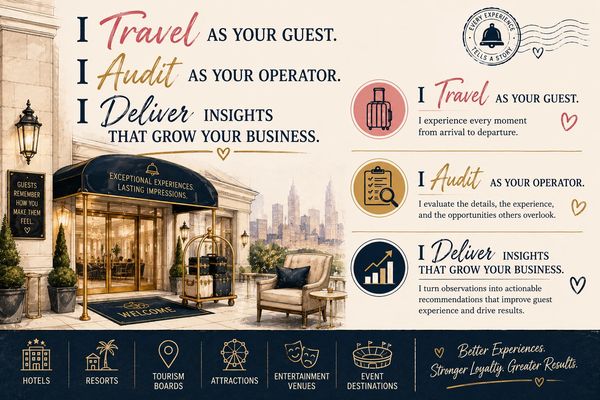 Luxury hotel entrance with a detailed service promise poster about travel, audit, and delivery.