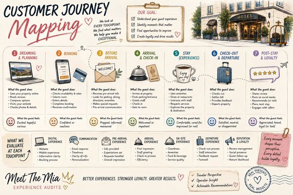Infographic illustrating the customer journey mapping process from dreaming to post-stay loyalty.