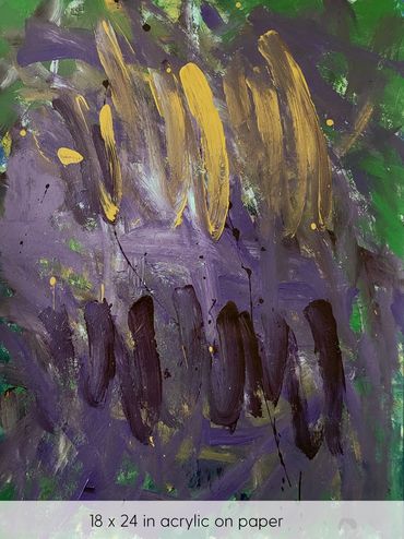 Abstract painting with green and purple background with yellow and deep purple slashes
