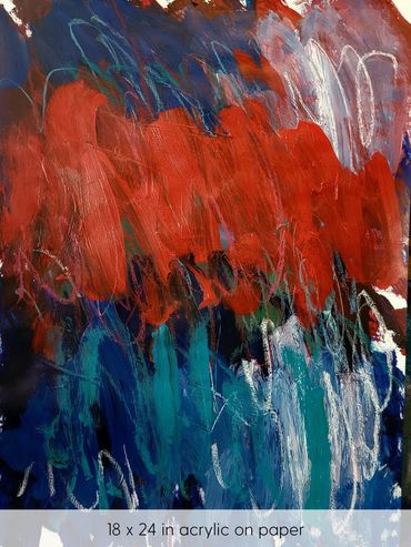 Red, blue and white waves of color on dark background