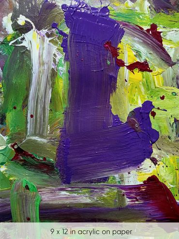 Abstract painting of purple, green, yellow and white