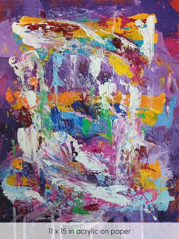 Quick slashes of white, red, yellow and orange on a purple background