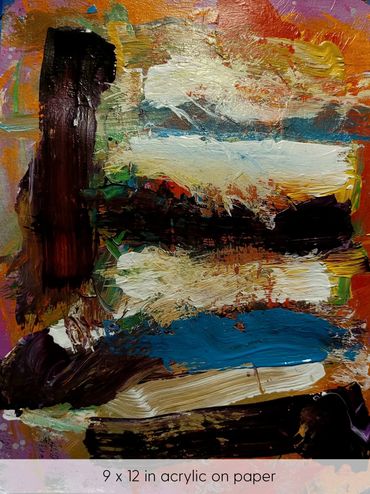 Orange background with stacks of white, blue and brown painterly strokes