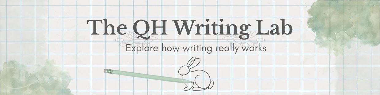 The QH Writing Lab banner with a pencil and rabbit illustration.