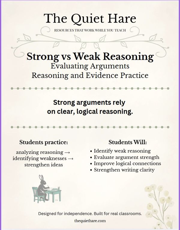 Educational resource on strong vs weak reasoning for argument evaluation.