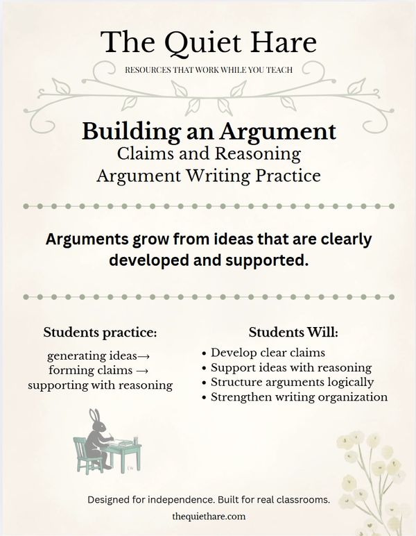 Infographic on building arguments with claims and reasoning for student writing practice.