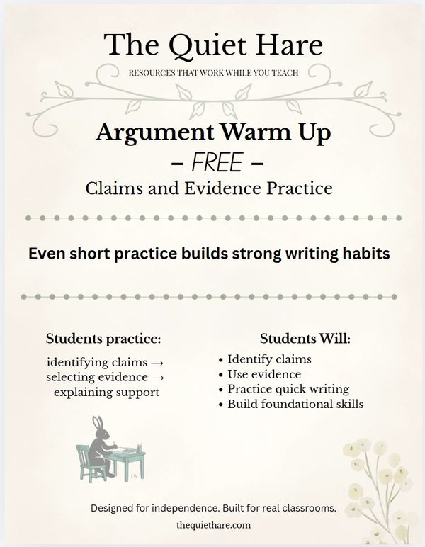 The Quiet Hare offers free argument warm-up practice for claims and evidence.