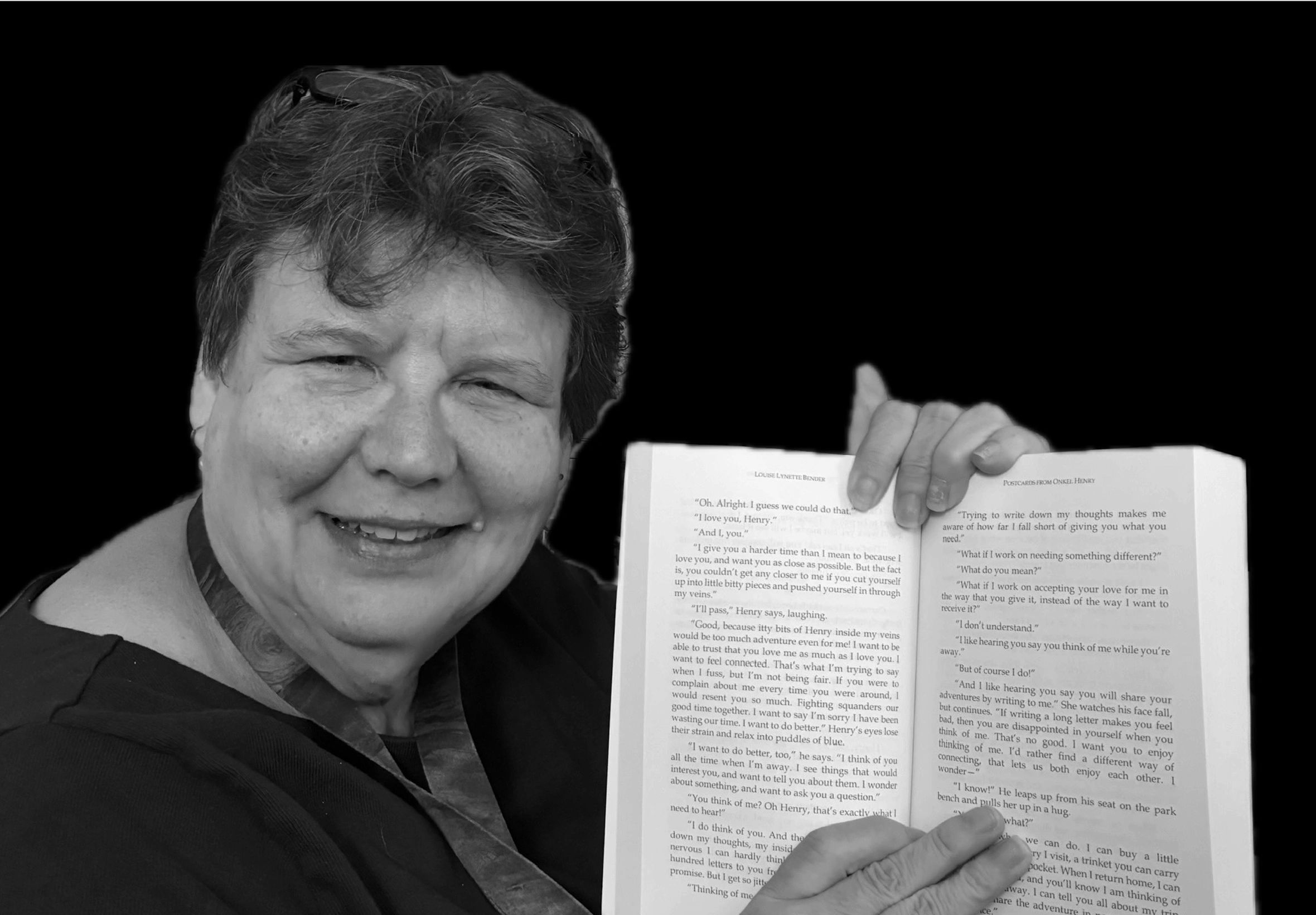 LOUISE LYNETTE BENDER HOLDING THE PROOF OF HER FIRST NOVEL