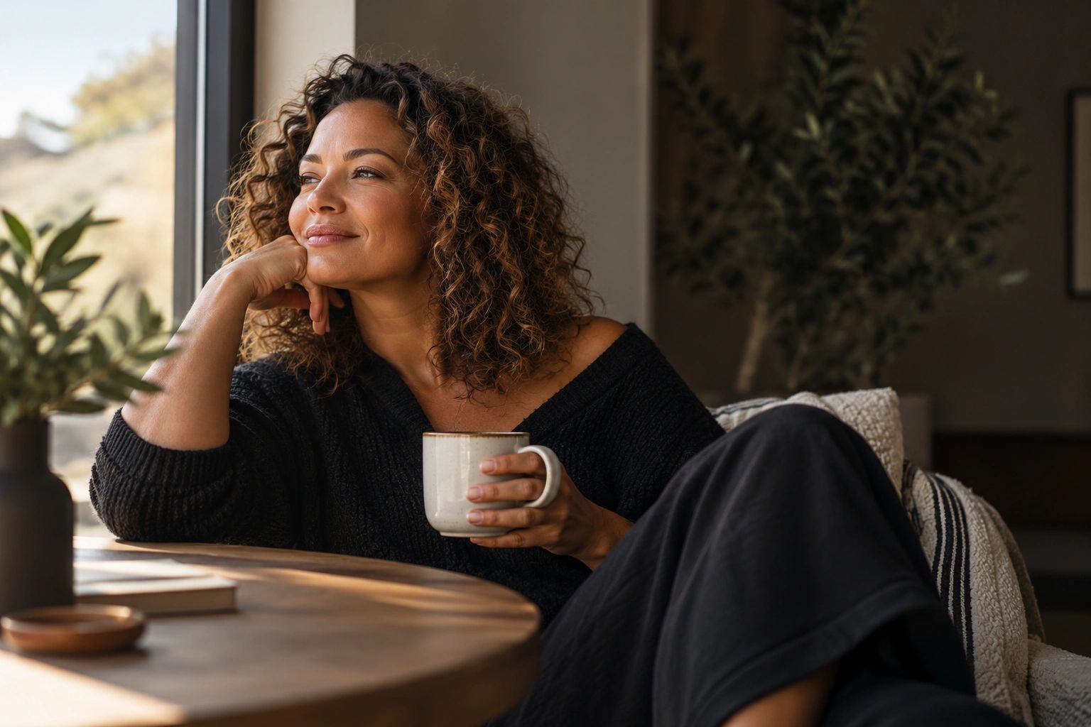 Woman relaxing by a window with a warm drink, looking peaceful and reflective.