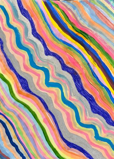 Colorful wavy stripes painted in vibrant hues on a textured surface.