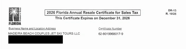 2026 Florida Annual Resale Certificate for Sales Tax for Madeira Beach Couples Jet Ski Tours LLC.