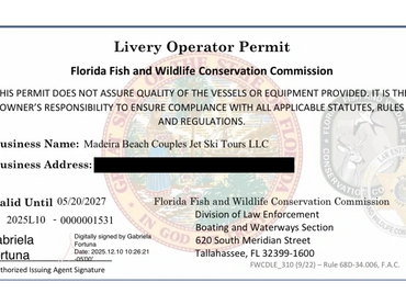 Florida Fish and Wildlife Livery Operator Permit for Madeira Beach Couples Jet Ski Tours LLC valid until 2027.
