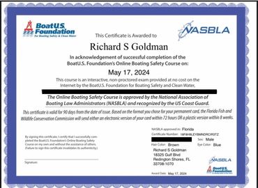 Certificate for Richard S Goldman completing the BoatU.S. Foundation Online Boating Safety Course, approved by NASBLA.