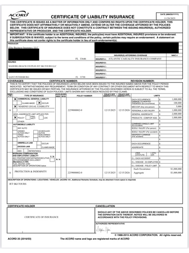 Certificate of liability insurance for Madeira Beach Couples Jet Ski Tours valid until 11/28/2025.