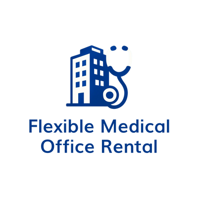 Logo showing a building with a stethoscope and text for flexible medical office rental.