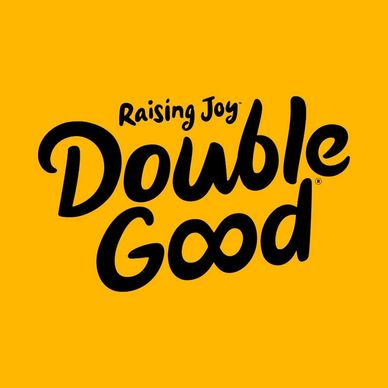 Logo with 'Raising Joy Double Good' text on a yellow background.
