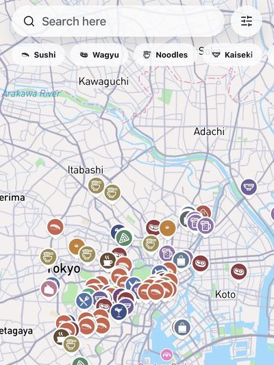 Map showing sushi and wagyu restaurant locations in Tokyo.