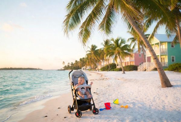 Adorable baby in a stroller on a beautiful beach in Key West Florida