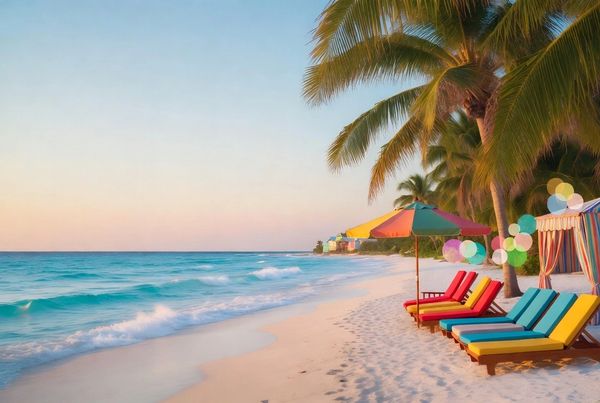 Key West beach sunset: palm trees, colorful lounge chairs on sand, umbrella, balloons and cabana.