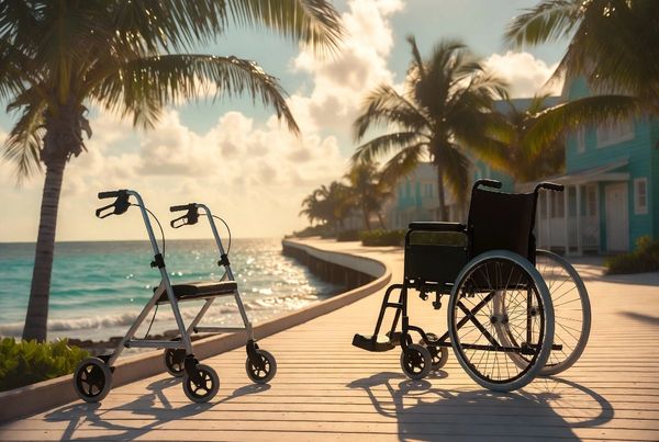 A wheel chair and roller walker on a beachside boardwalk in Key West Florida