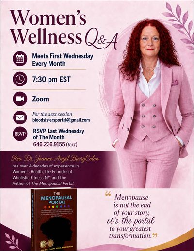 Women's Wellness Q&A session info with Rev. Dr. Joanne Angel Barry Colon.