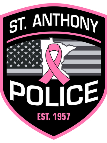 St. Anthony Police emblem with pink breast cancer awareness ribbon.