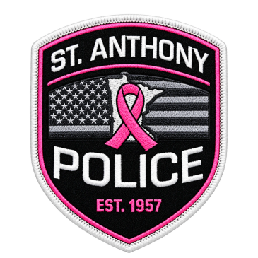 Embroidered St. Anthony Police patch with pink ribbon and flags.