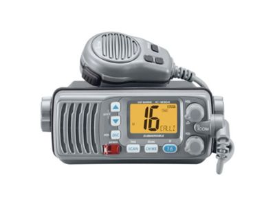 Marine radio transceiver with microphone.