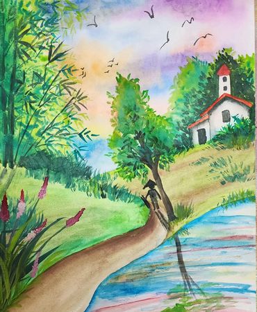 Watercolor landscape with a river, trees, flowers, and a small house under a colorful sky.