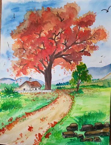Watercolor painting of a countryside path under a large autumn tree with vibrant red leaves.