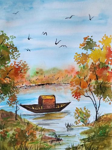 A boat floats on a calm river surrounded by colorful autumn trees and flying birds.