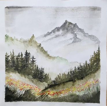 Watercolor painting of misty mountains with pine trees and colorful wildflowers.