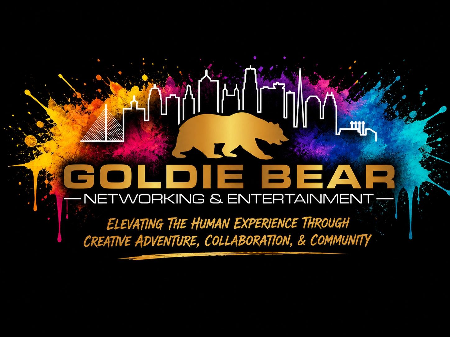 Logo of Goldie Bear Networking & Entertainment with colorful city skyline and bear.