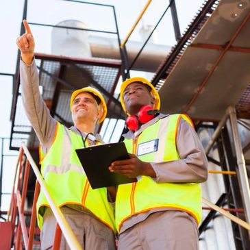 Two construction workers in safety gear inspecting an industrial site.