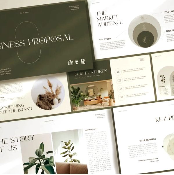 Elegant business proposal slides with earthy tones and plant imagery.